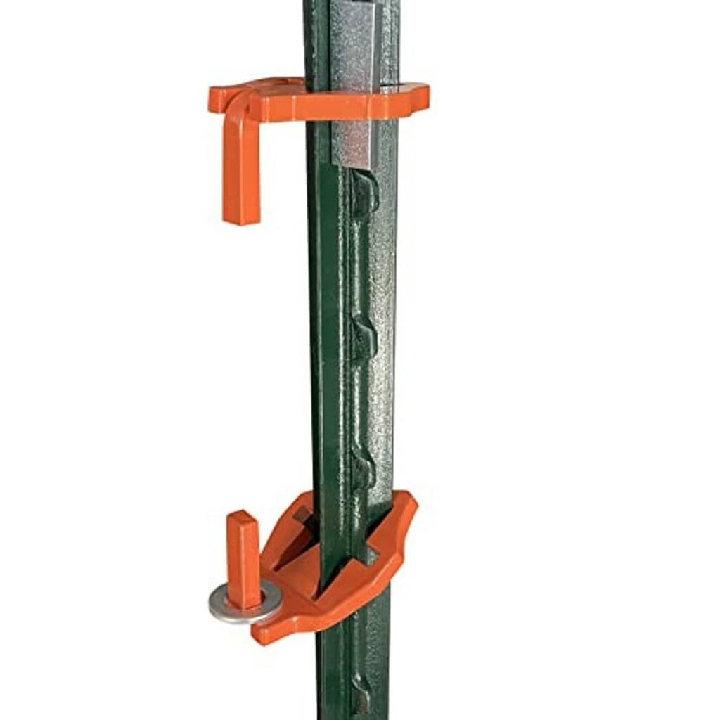 T-post hinge pin set mounted on green metal T post with orange gate bracket