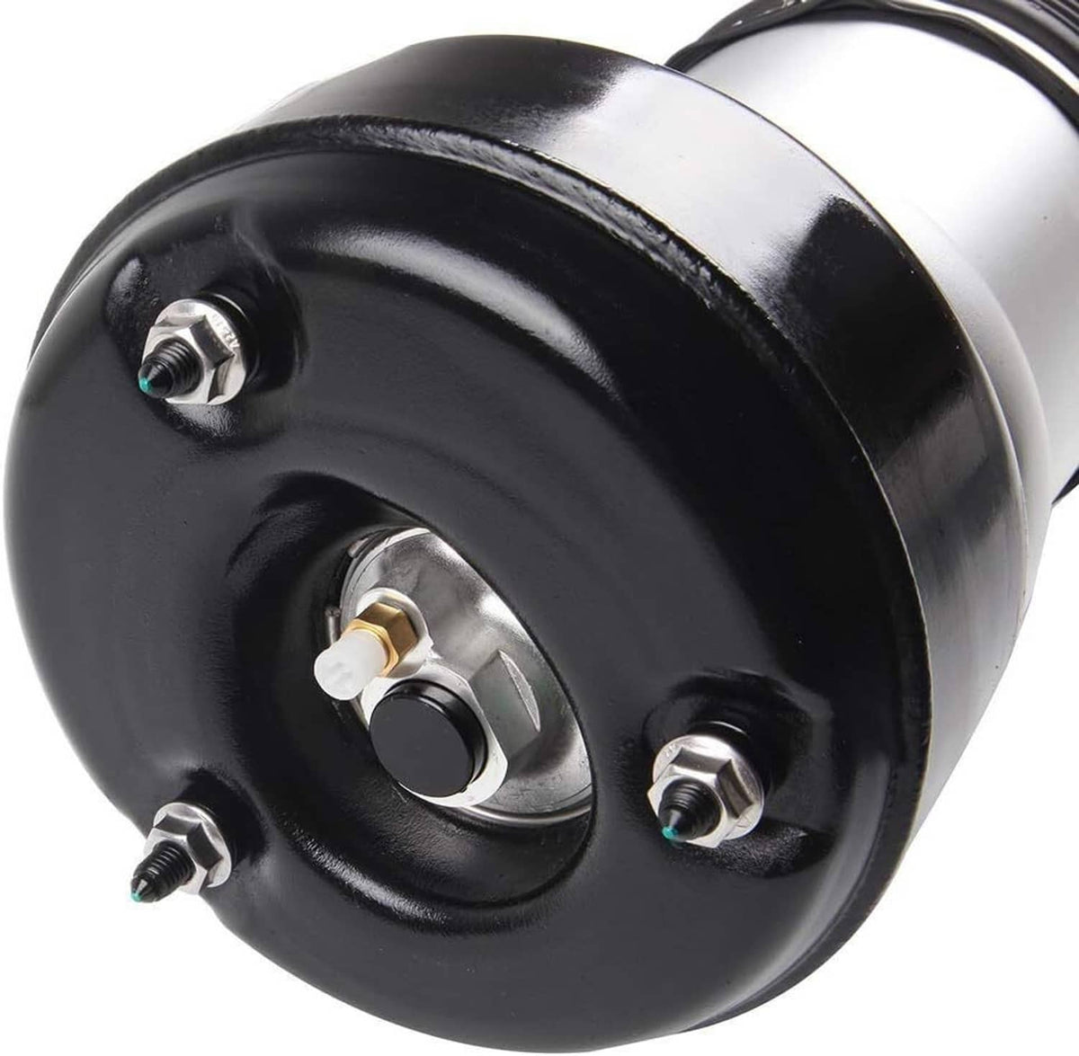 Rear air suspension strut end cap with mounting bolts and central threaded fitting