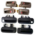 Set of 8 door handles, gray and black with red lock buttons, exterior and interior pieces