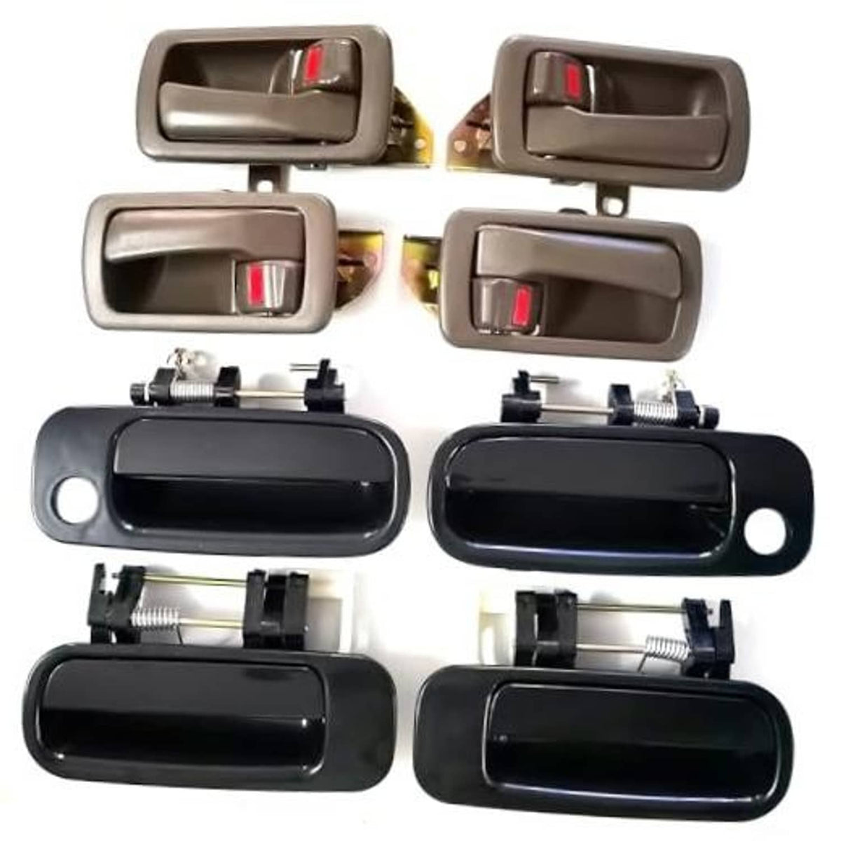 Set of 8 door handles, gray and black with red lock buttons, exterior and interior pieces