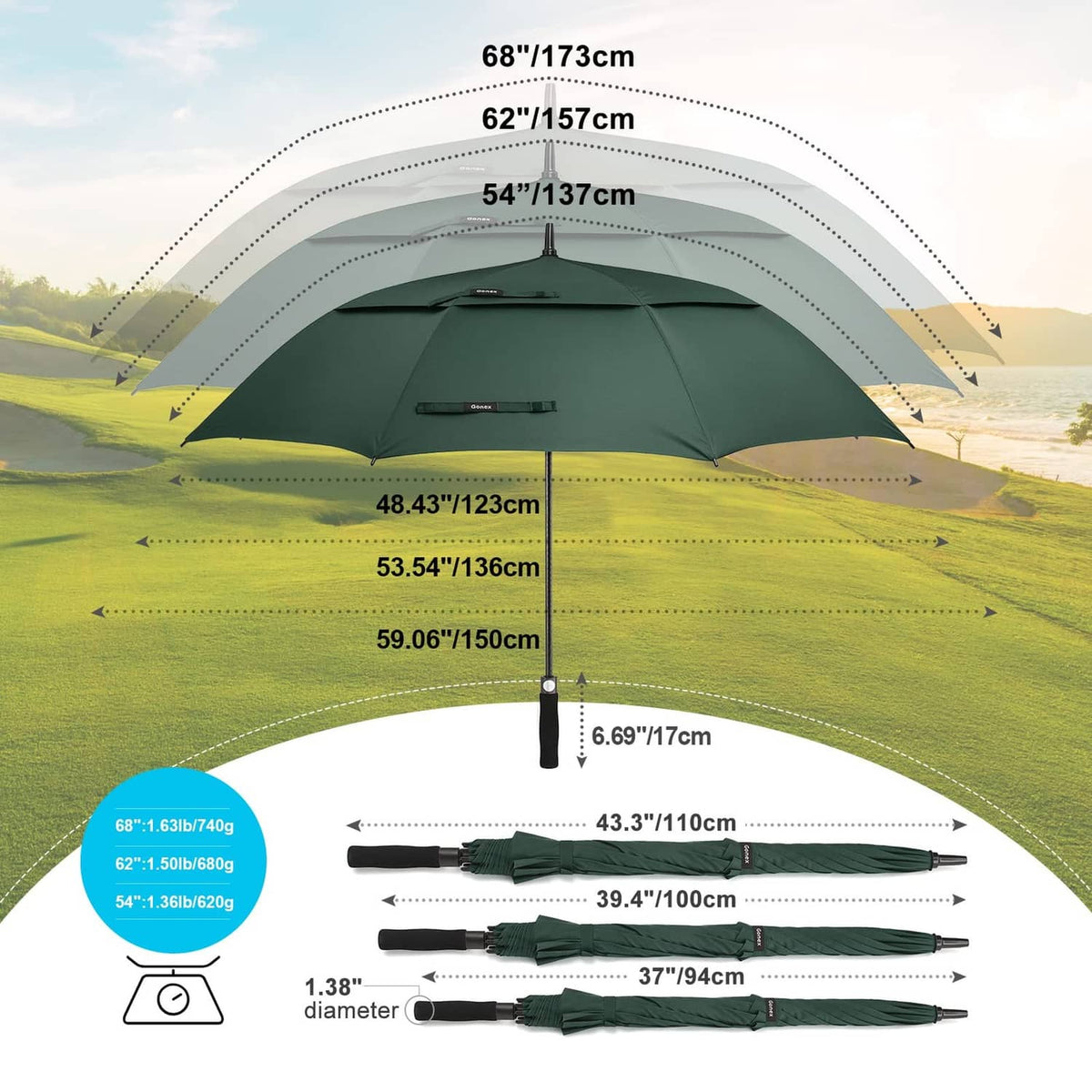 Dark green 62-inch golf umbrella with size and weight measurement diagram