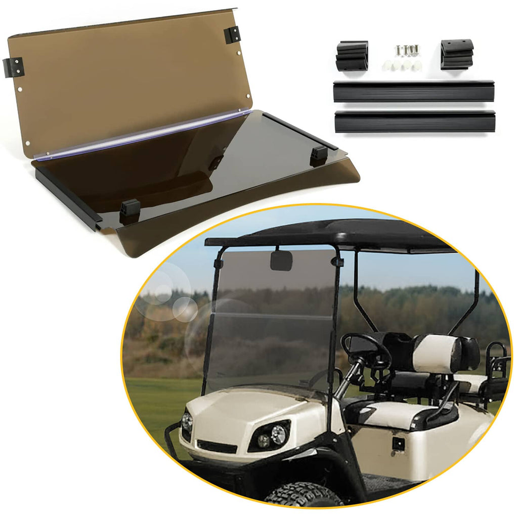 Tinted folding golf cart windshield windscreen with bronze frame and black mounts