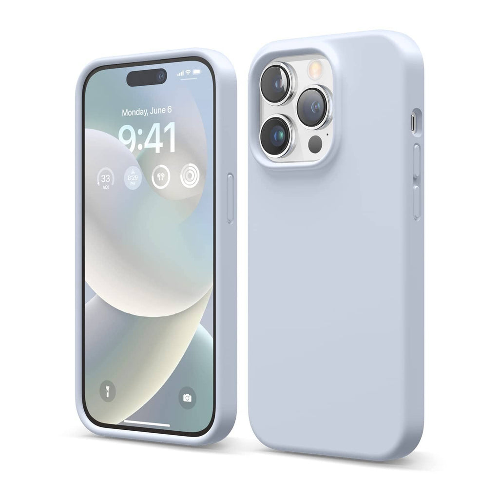 Light blue iPhone 14 Pro silicone protective case, front and back views, slim fit