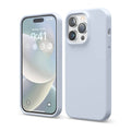 Light blue iPhone 14 Pro silicone protective case, front and back views, slim fit