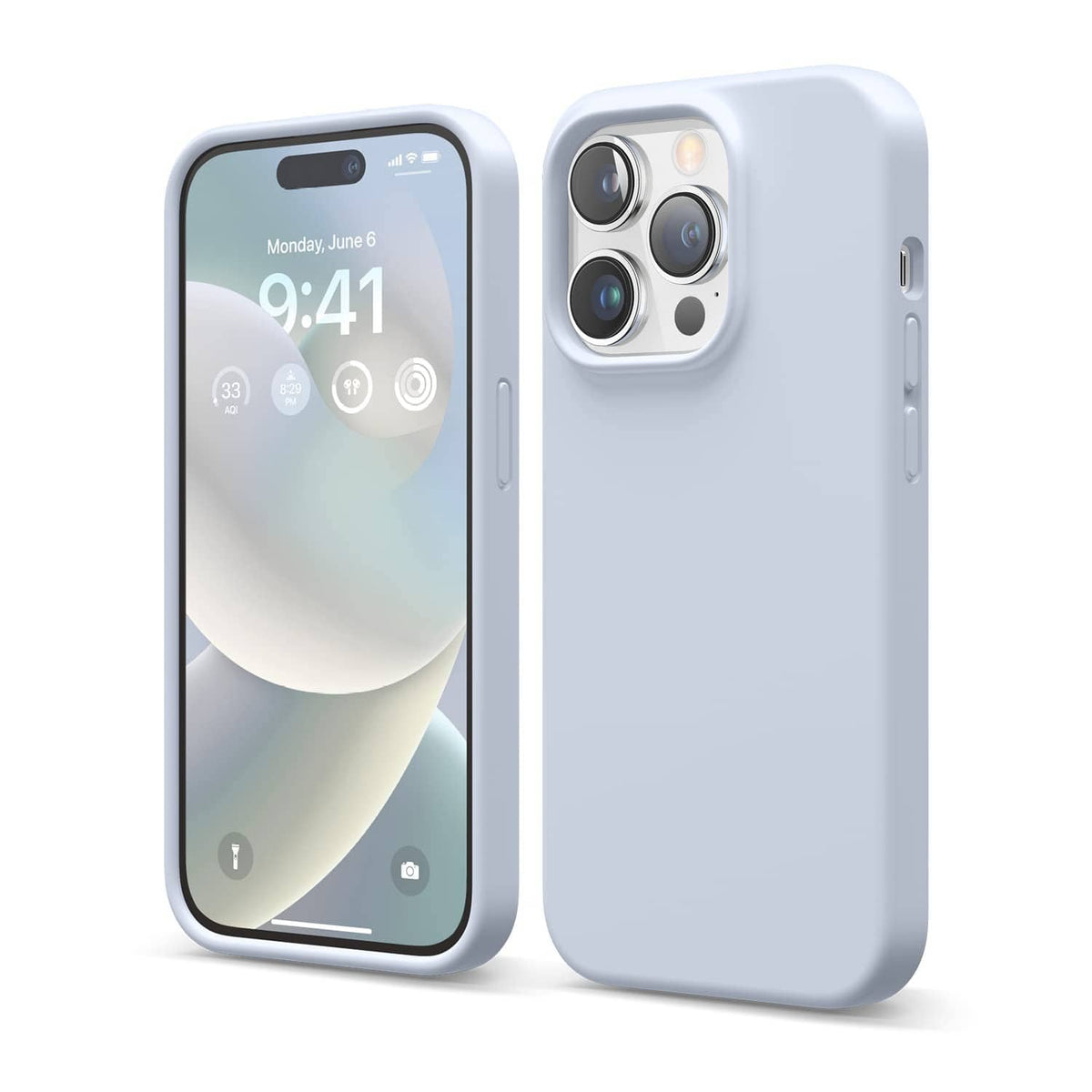 Light blue iPhone 14 Pro silicone protective case, front and back views, slim fit