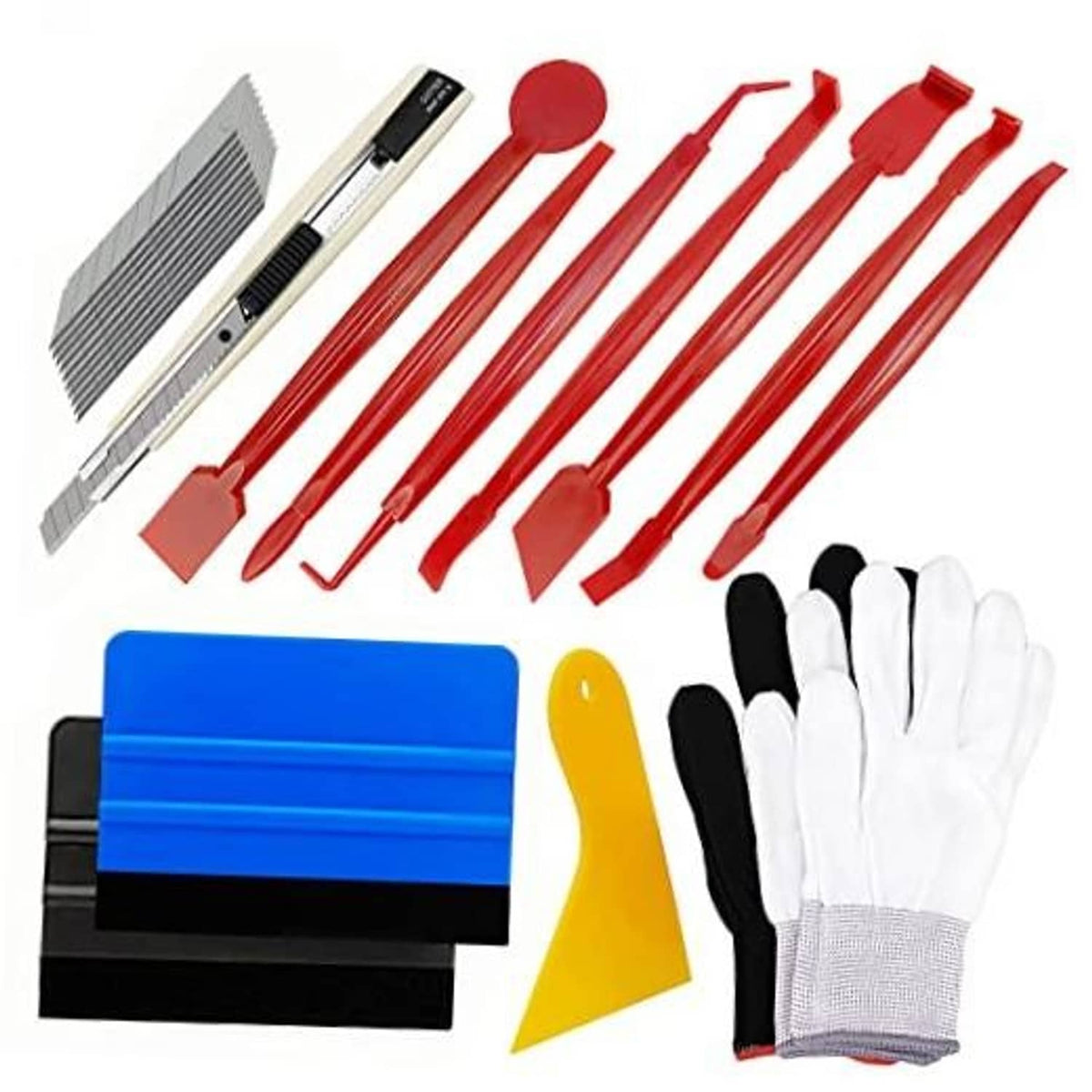 Vinyl wrap tool kit with red trimming tools, blue felt squeegee, yellow corner tool, gloves