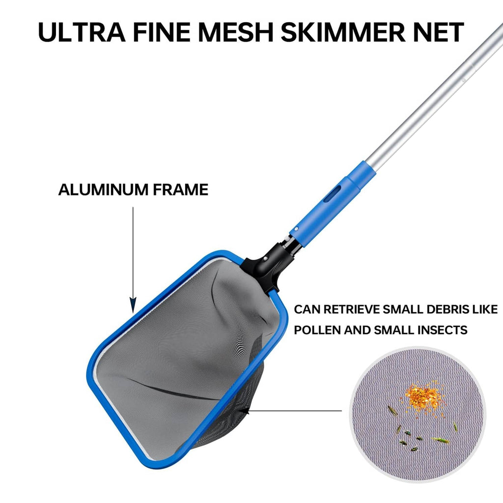 Ultra fine mesh skimmer net with blue frame and aluminum pole for small debris.