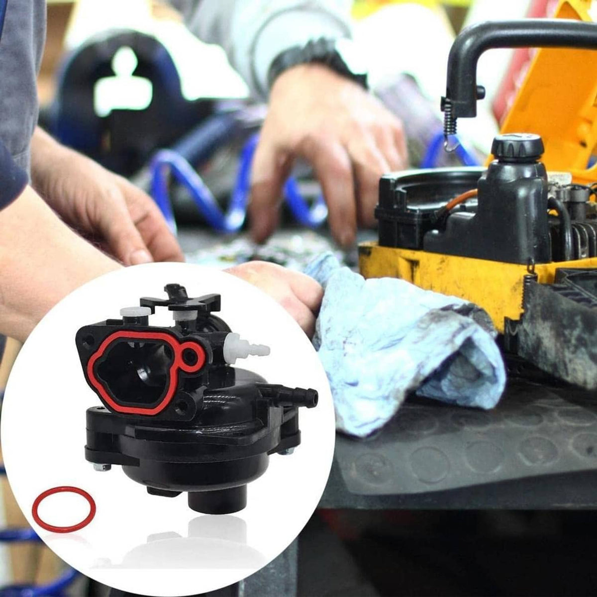 Black carburetor with diaphragm cover and O-ring gasket detail