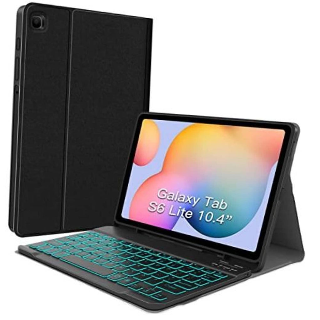 Black keyboard case with teal backlit keys and tablet stand