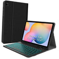 Black keyboard case with teal backlit keys and tablet stand