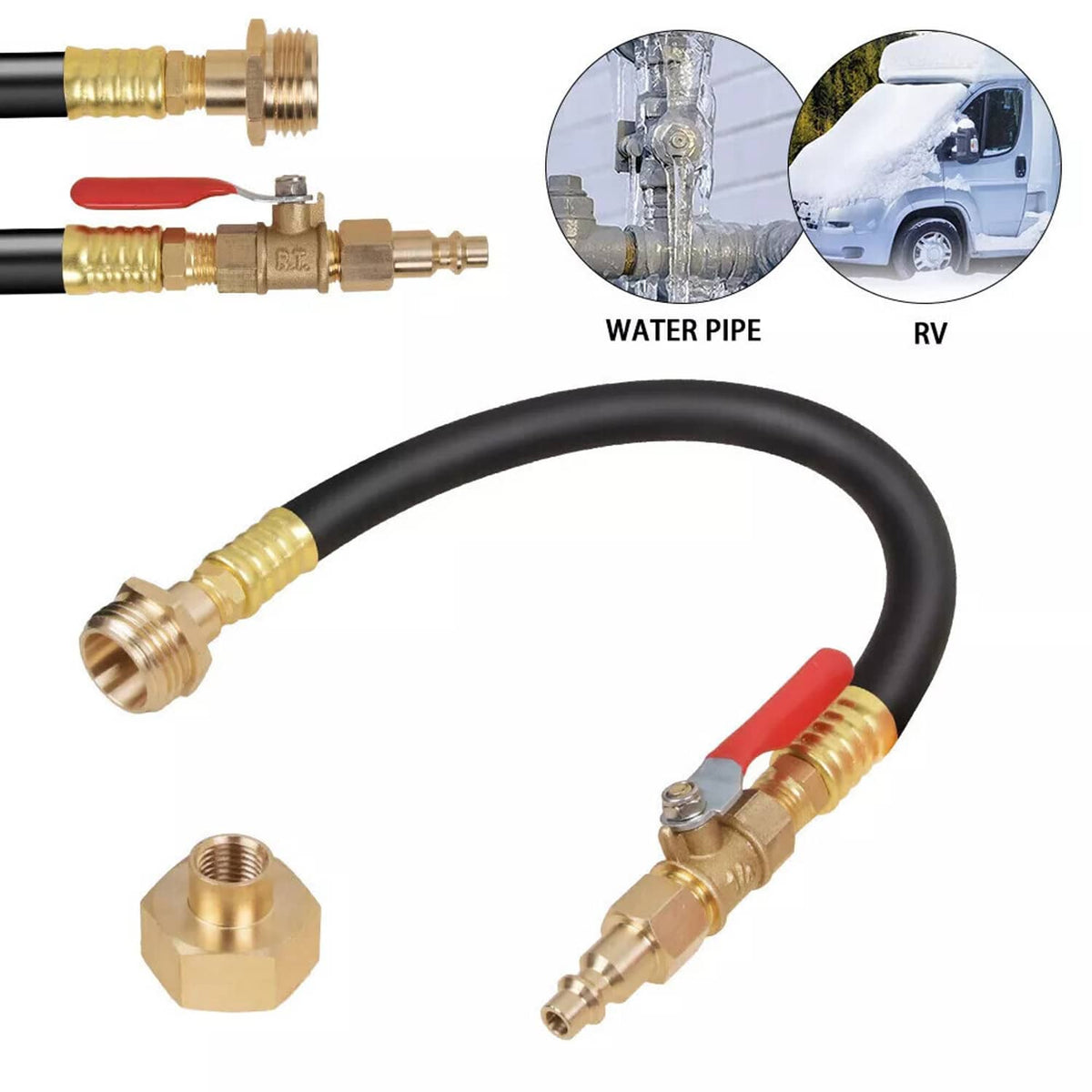 U-shaped air holding hose with brass fittings and red-capped valve connections
