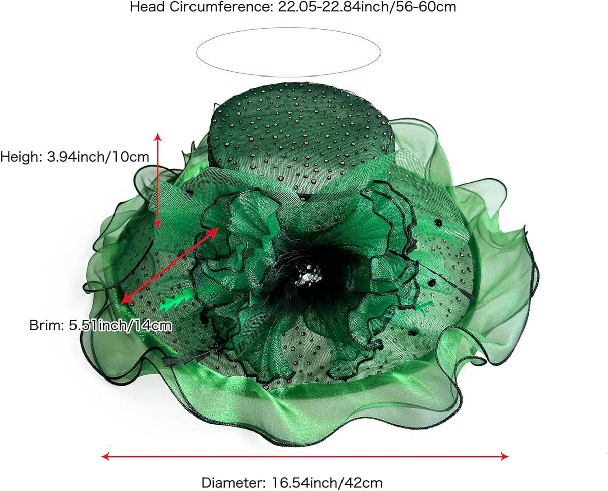 Green organza wide-brim derby hat with dotted mesh top and layered ruffle flower detail