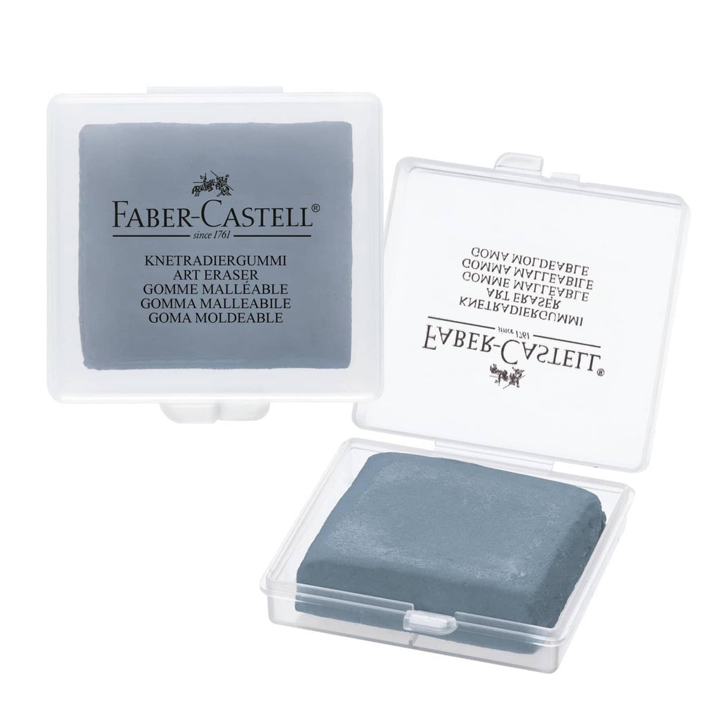 Faber-Castell grey kneaded eraser with clear plastic storage case, open