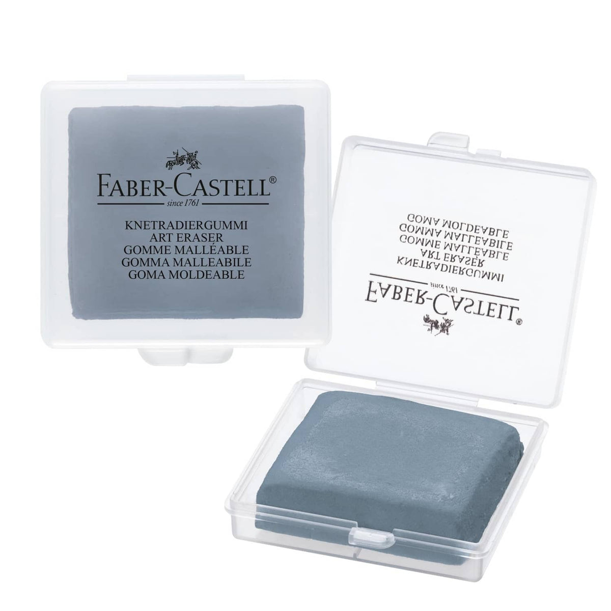 Faber-Castell grey kneaded eraser with clear plastic storage case, open