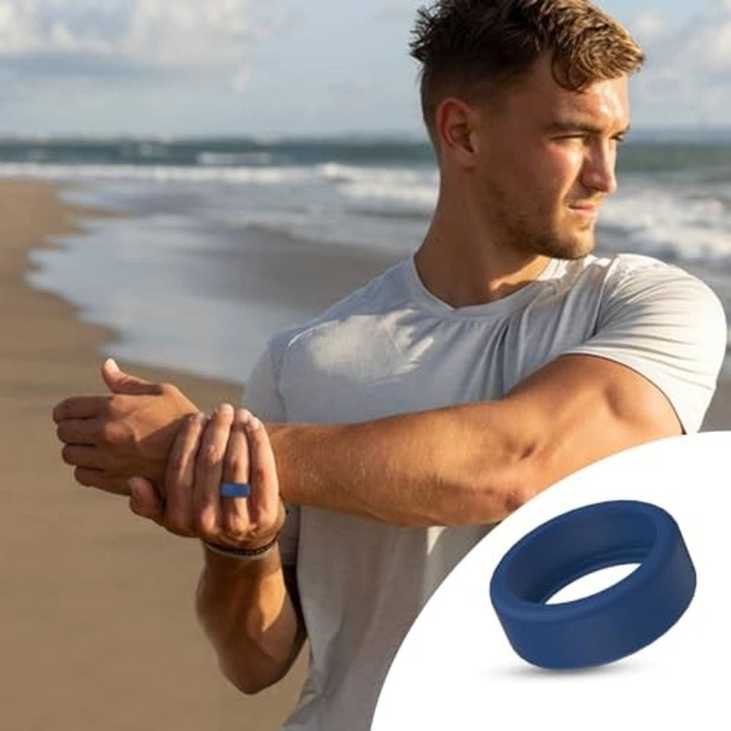 Blue silicone ring protector band shown on a white base.