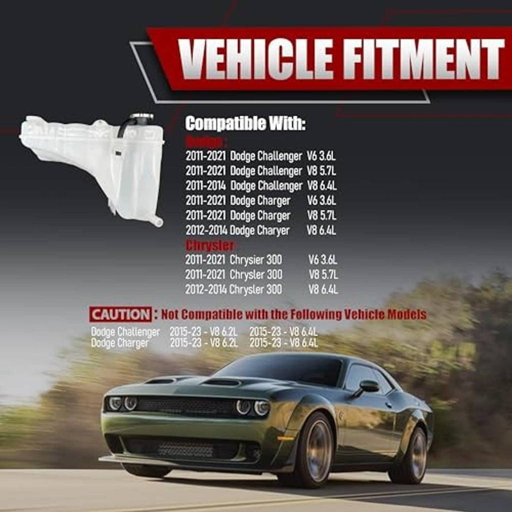 Coolant reservoir tank vehicle fitment graphic with compatible model list