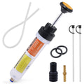 Manual fluid extractor and filler syringe with orange label and black dispensing nozzle
