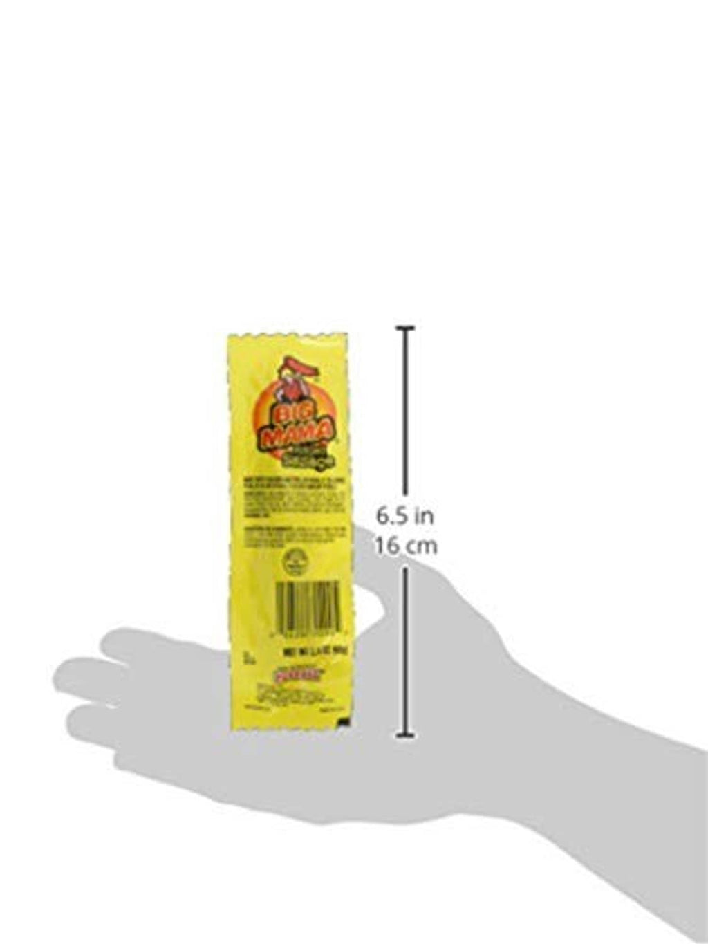 Big Mama pickled sausage package with size measurement and hand for scale