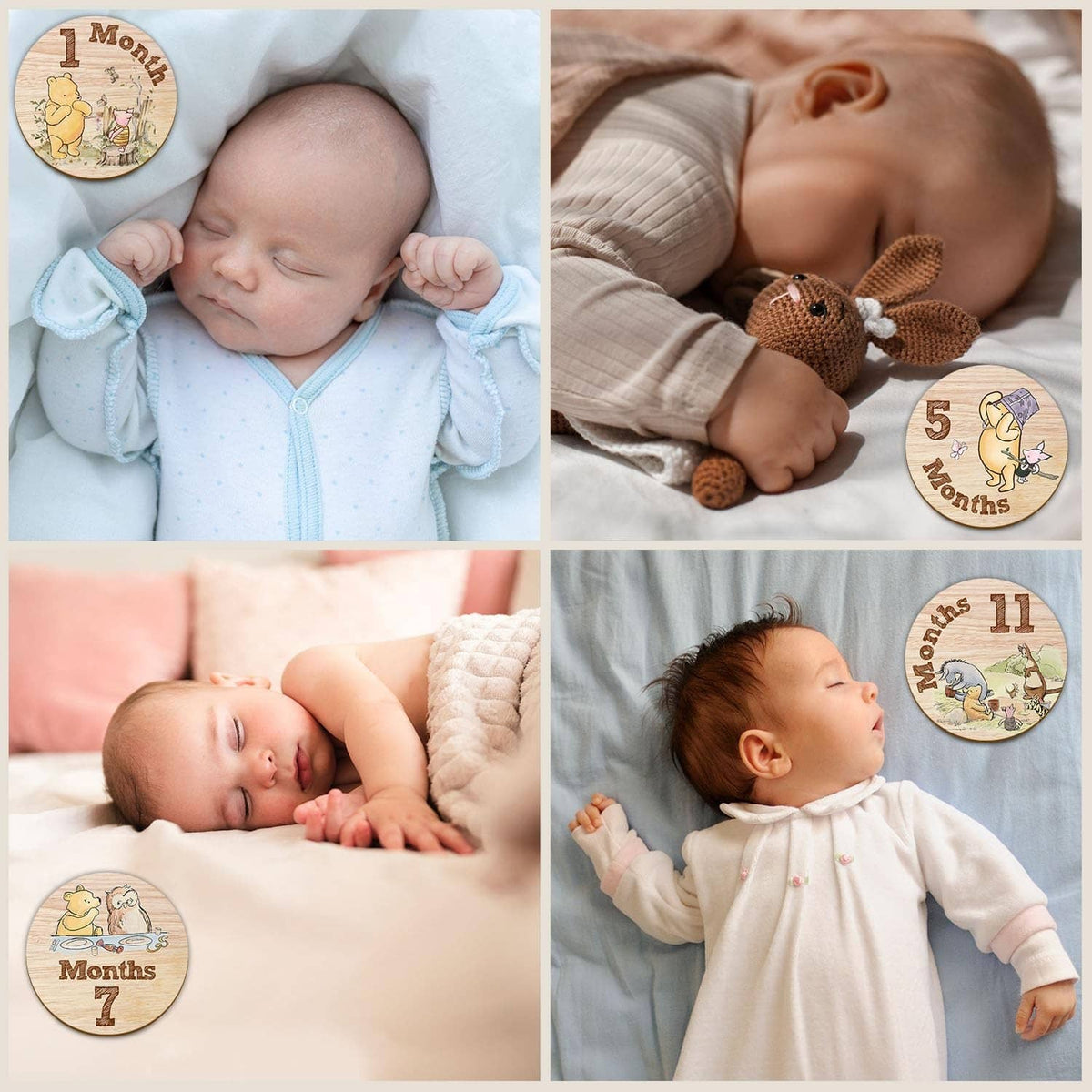 Newborn swaddled for a photo, with a round wooden milestone sign showing 7 months.