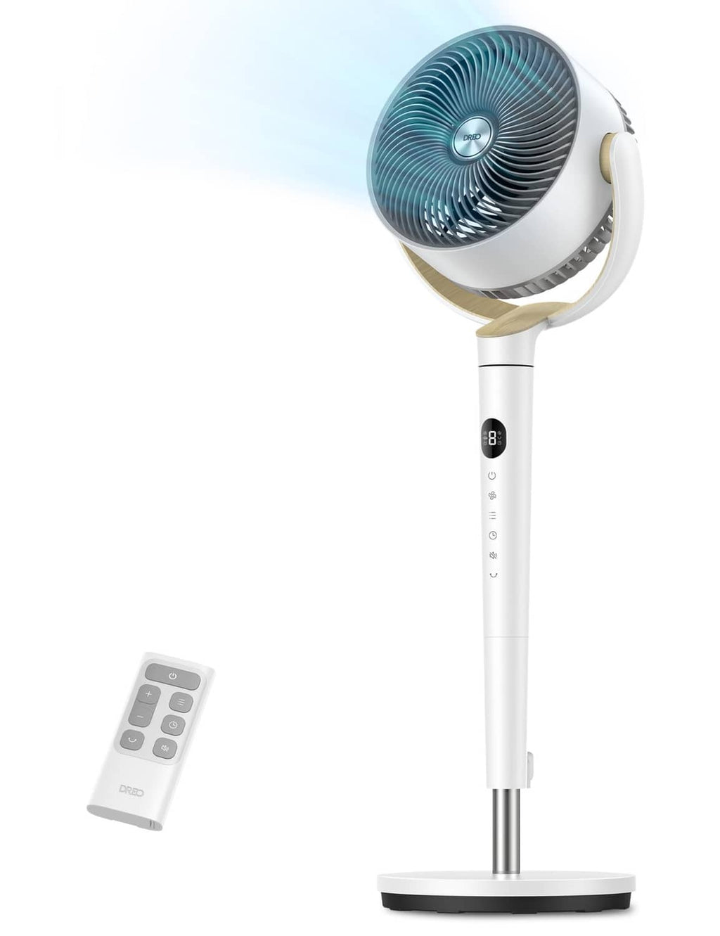 White standing oscillating fan with circular grille and included remote.
