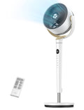 White standing oscillating fan with circular grille and included remote.