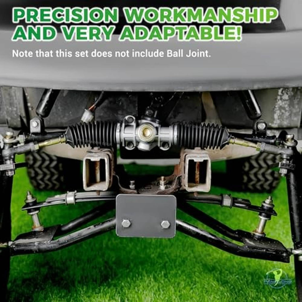 Installed steering linkage with two black rubber boots, metal arms, and mounting plate