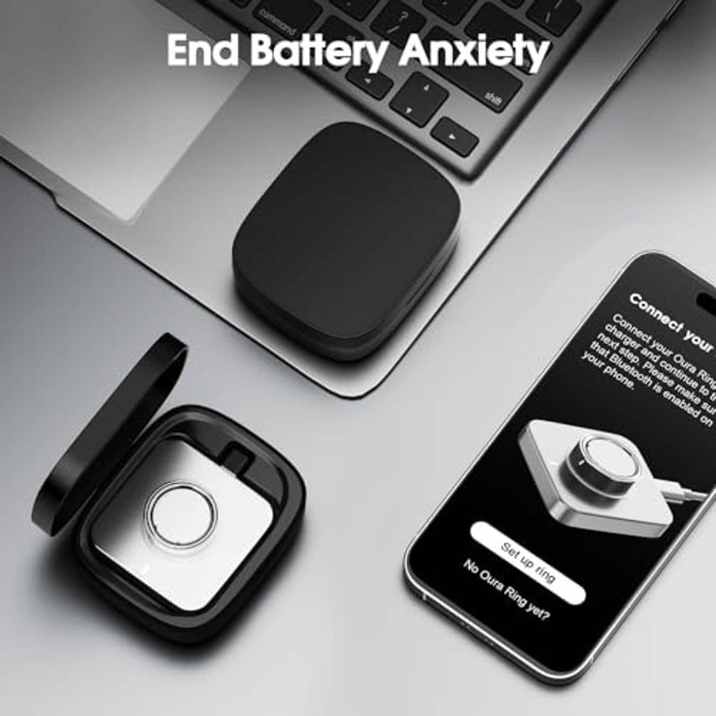 Black charging case with lid open and circular ring charging cradle