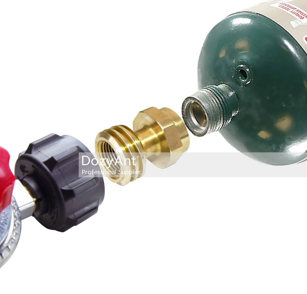 Brass propane adapter connecting a green disposable cylinder to a regulator
