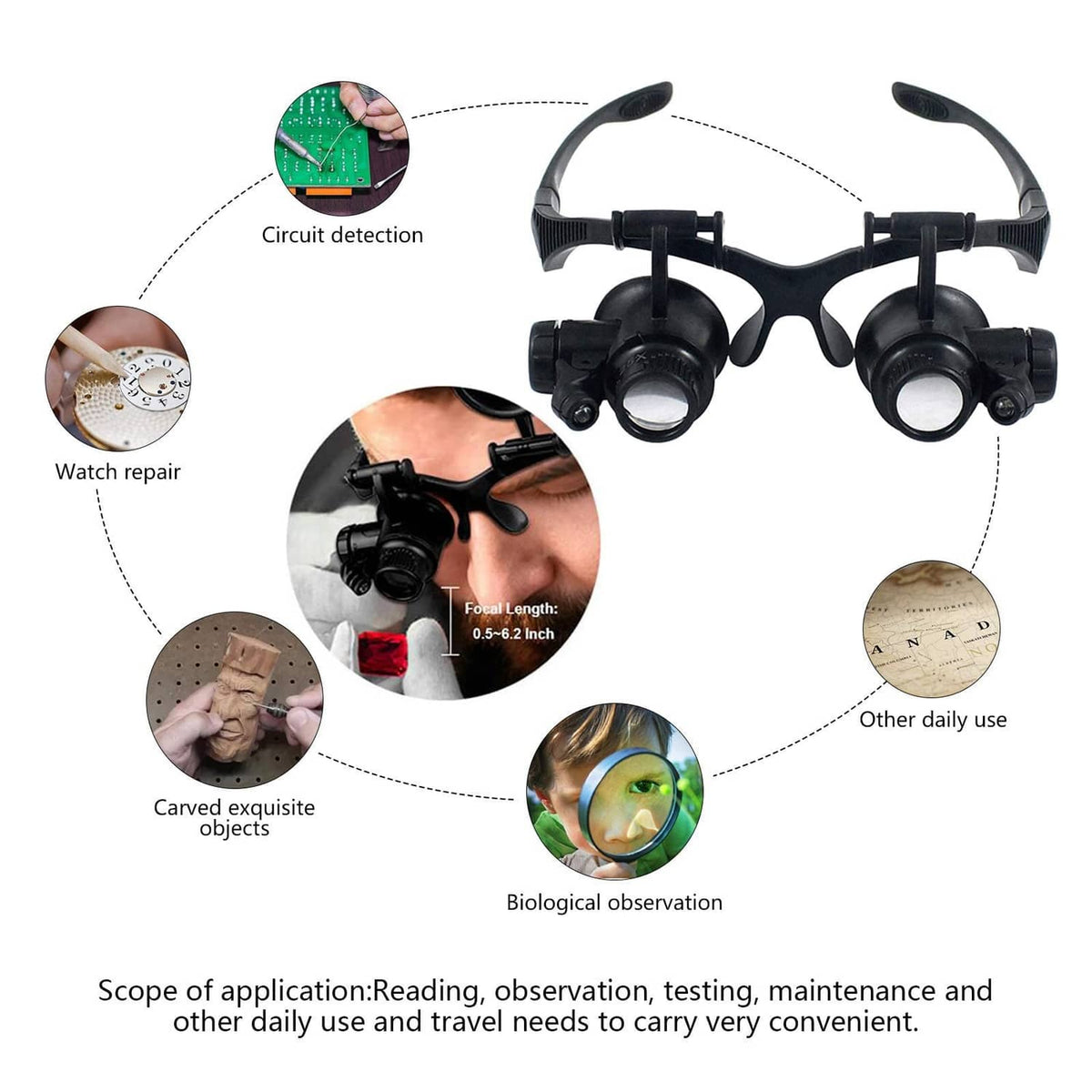 Black LED magnifying glasses for reading, inspection, and detailed repair
