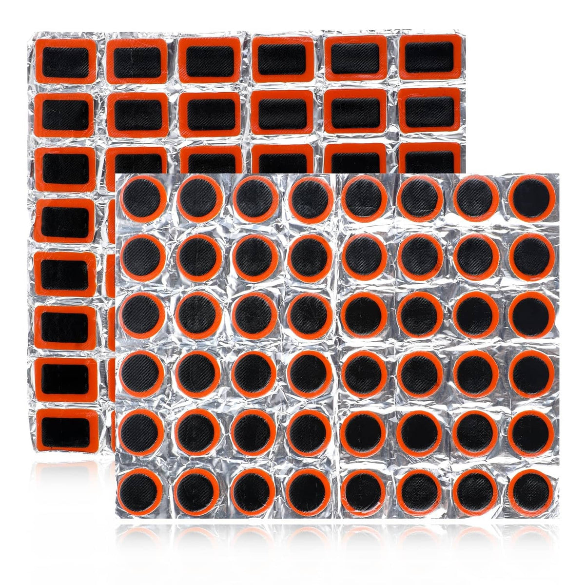 Rubber bike tire patch kit with 96 round black patches on two orange backing sheets