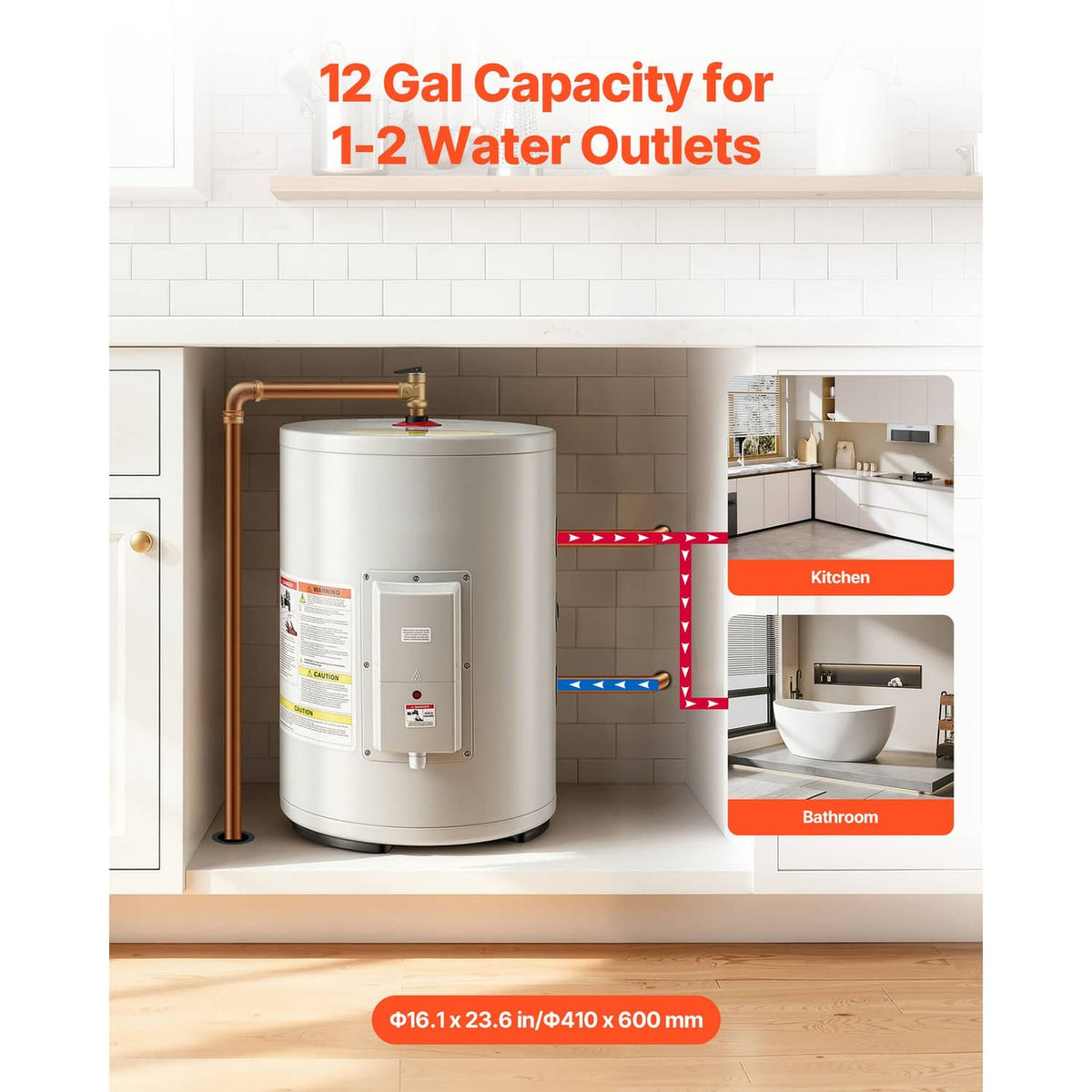 12-gallon electric water heater installed under a sink with kitchen and bathroom outlets