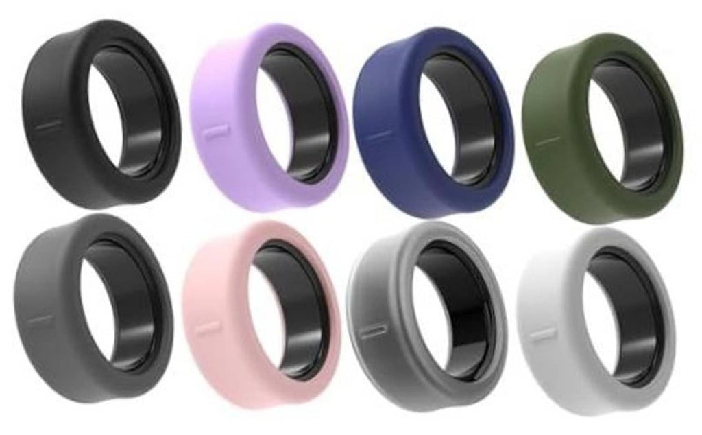 8-pack silicone ring covers in black, lavender, navy, and olive colors