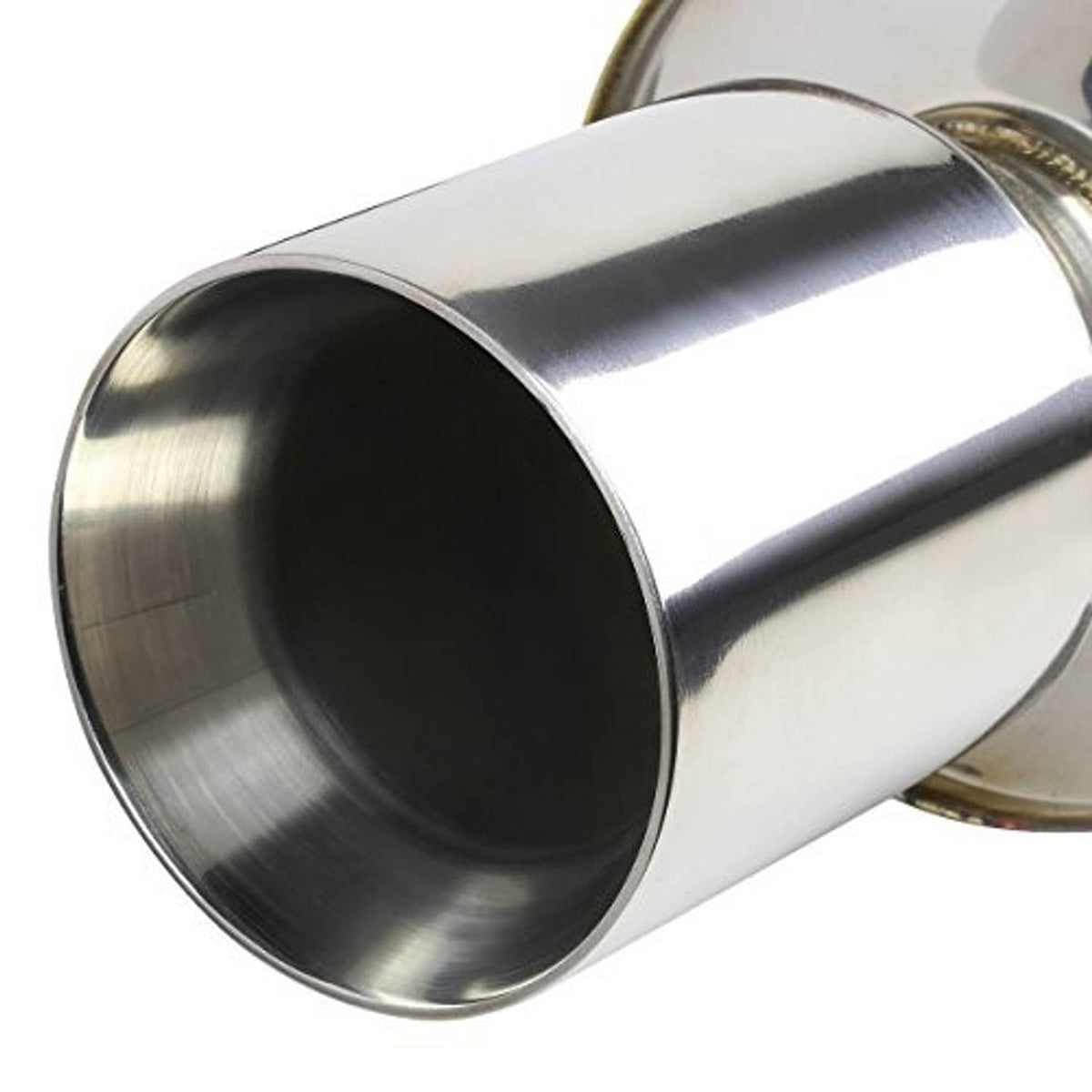 Stainless muffler tip with round outlet opening, reflective brushed finish