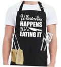 Men's black grill apron with front pocket and 'Whatever happens we're eating it' print