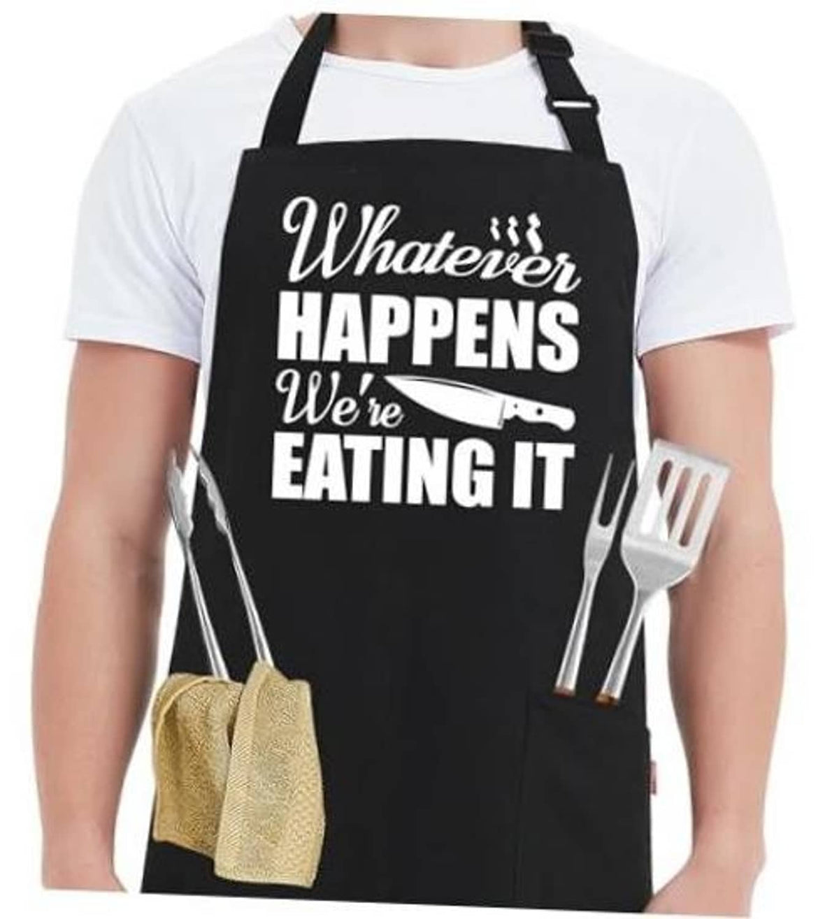 Men's black grill apron with front pocket and 'Whatever happens we're eating it' print