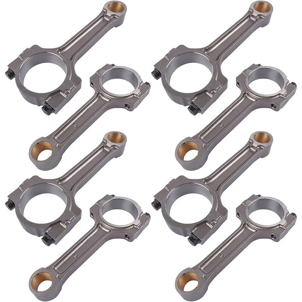 Eight silver connecting rods arranged in a grid, each with bronze bearing holes