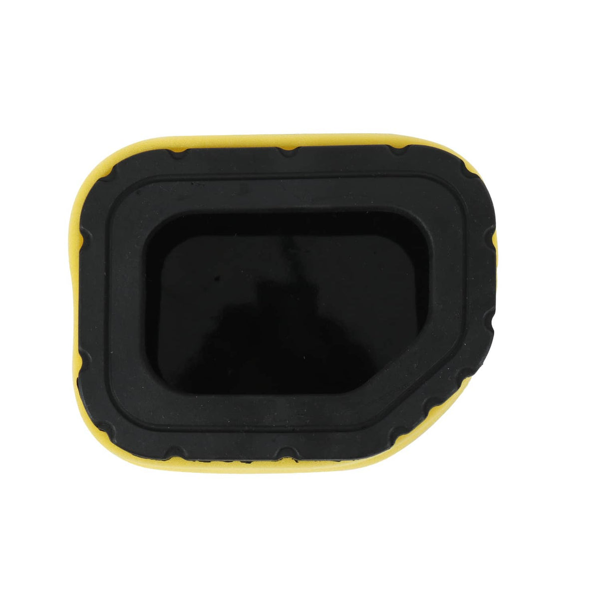 Black air filter housing insert with rectangular opening, yellow foam border