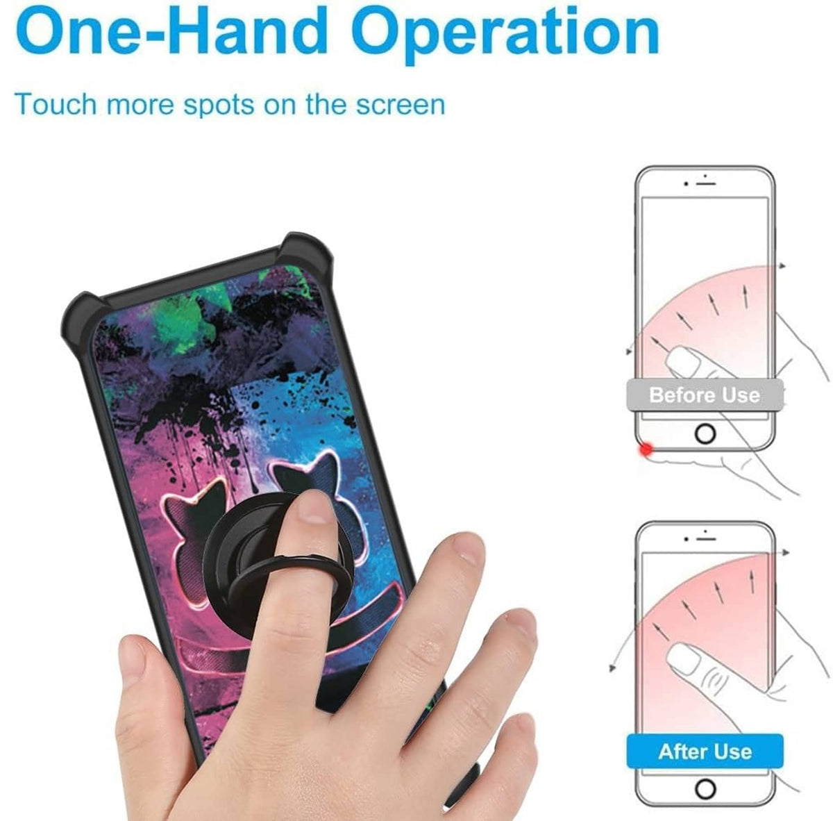 Phone case with colorful abstract print, black bumper, and ring stand, held in hand.