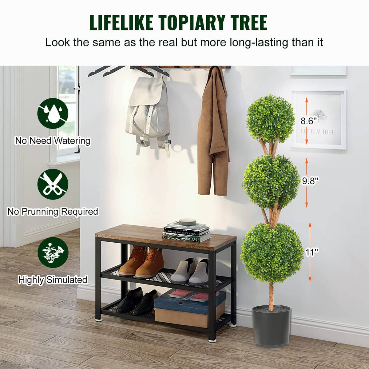 Artificial topiary tree decor with stacked round green foliage and black planter pot
