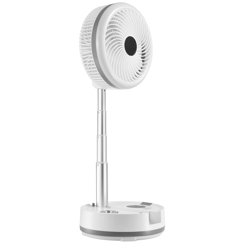 Foldable rechargeable oscillating fan with white grille and standing base