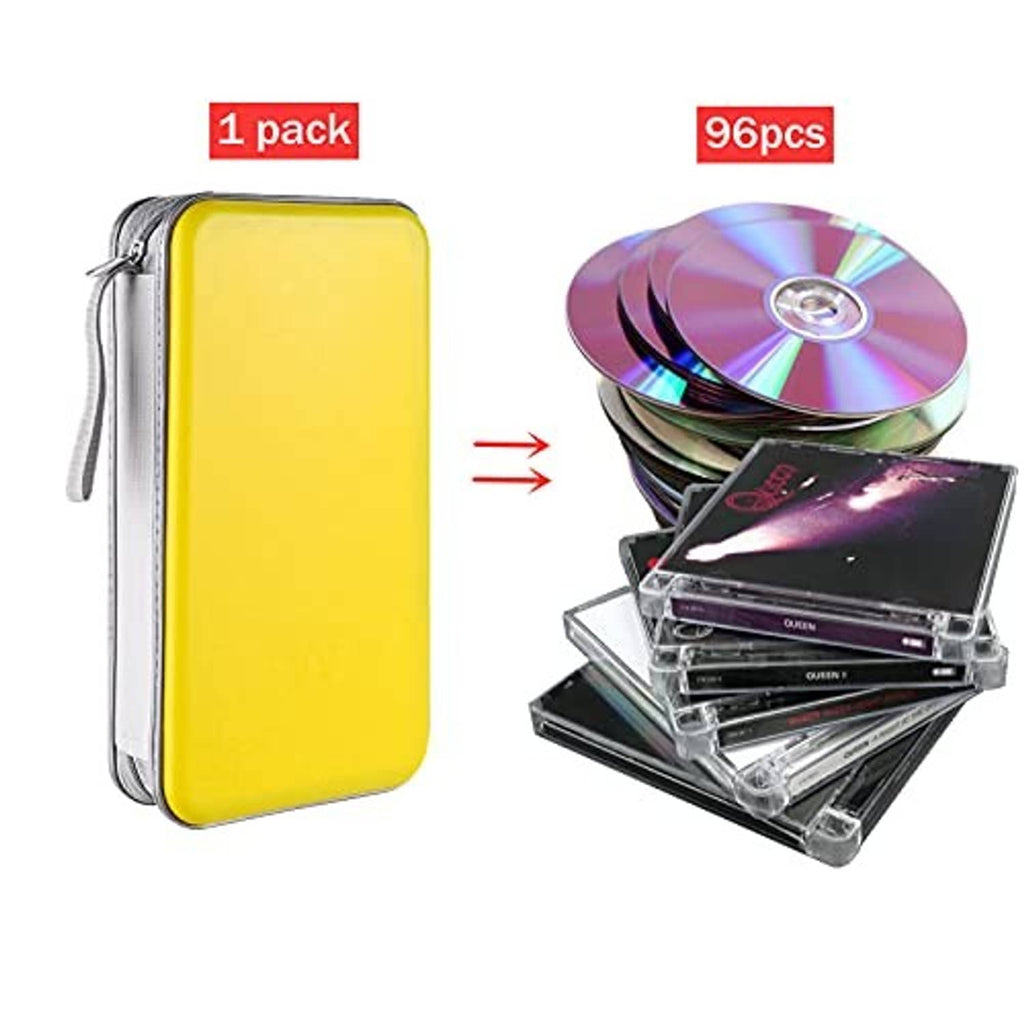 Yellow hard plastic CD/DVD case shown with zipper and 96-disc capacity layout