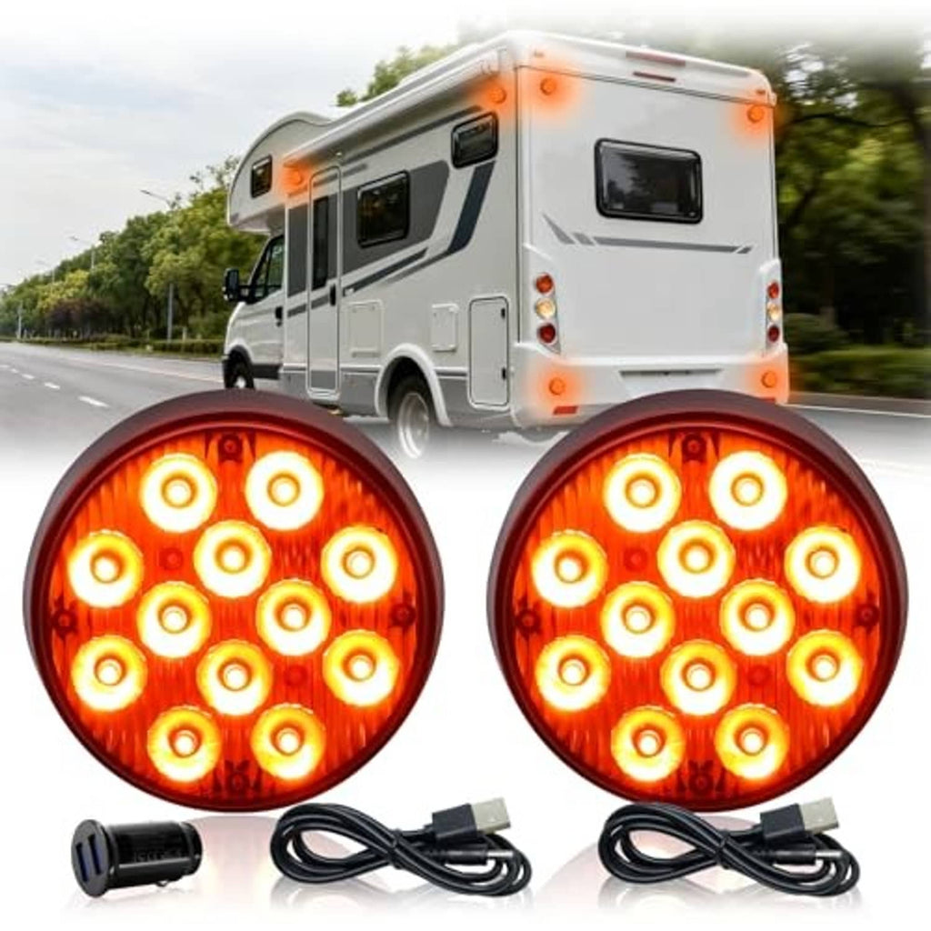 Two amber round strobe beacon lights with visible LED rings and included black cables