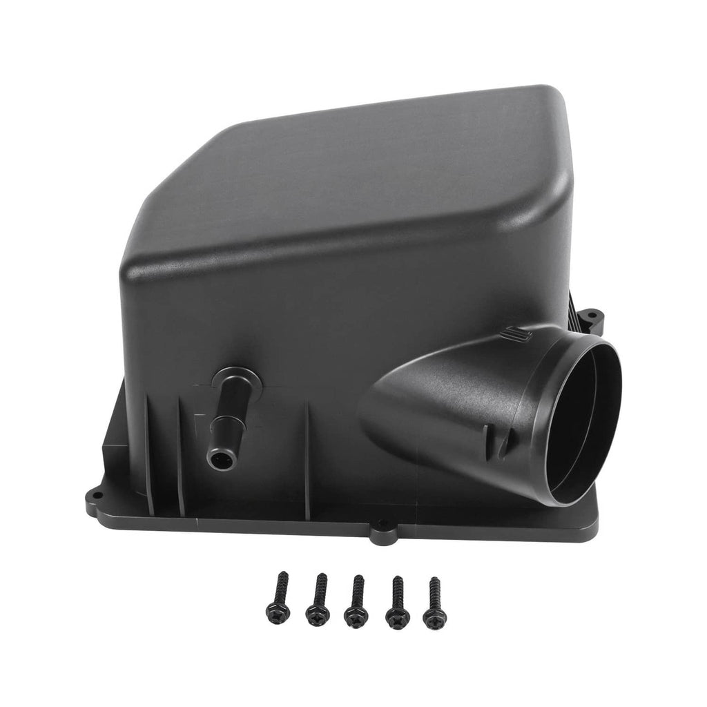 Black air filter housing with round intake outlet, small hose port, and included screws.