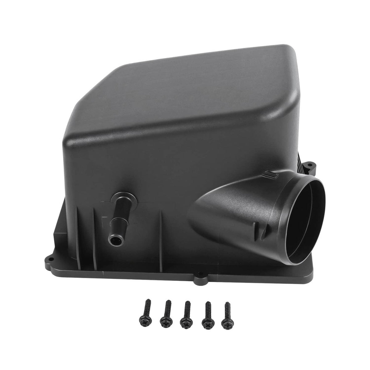 Black air filter housing with round intake outlet, small hose port, and included screws.