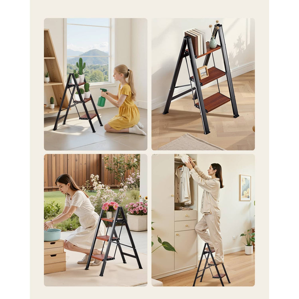 3-step aluminum folding ladder with wide wood-grain steps for indoor household use