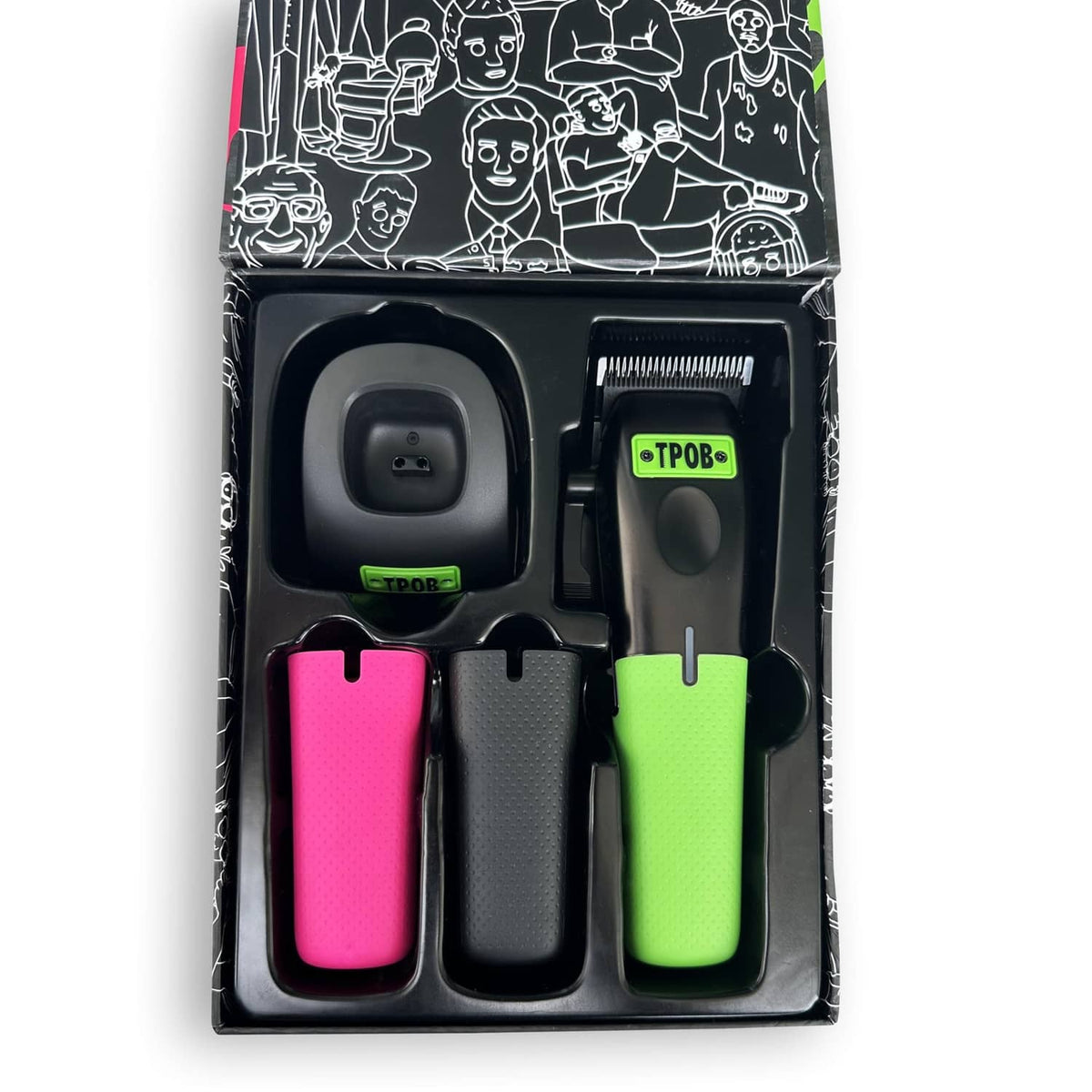 Hair clipper kit with black base and three color bodies: pink, green, and black