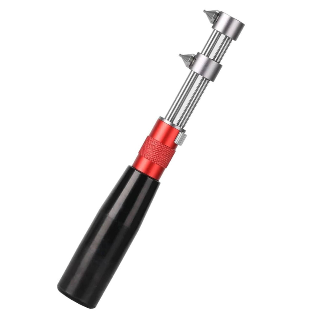 Adjustable watch back opener tool with steel jaws and black handle, red grip