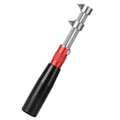 Adjustable watch back opener tool with steel jaws and black handle, red grip