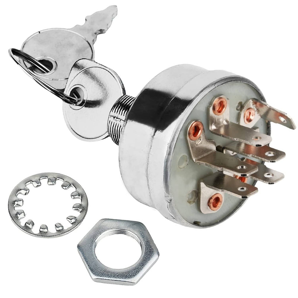Ignition switch with grey metal housing, keys, mounting stem, and copper terminals