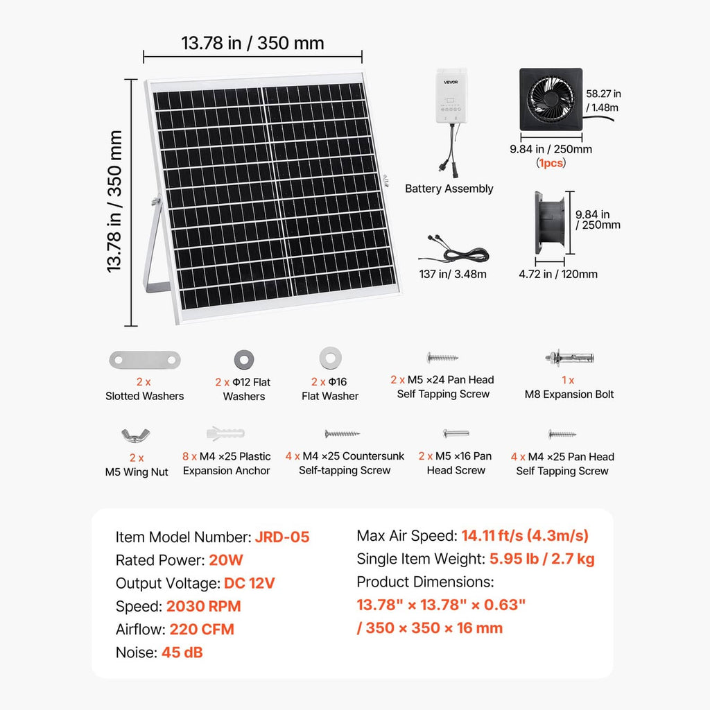 Solar panel, battery assembly, and ventilation fan parts with labeled dimensions